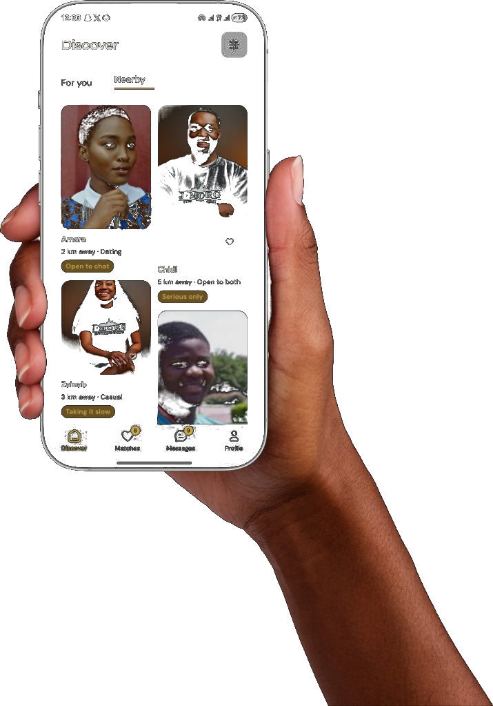 Trova Discover screen showing verified people nearby in Abeokuta